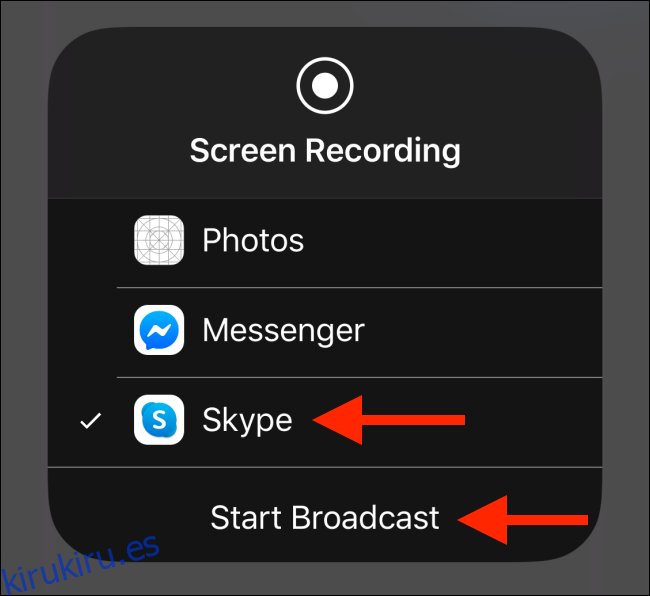 Seleccione Skype y luego toque el botón Iniciar transmisión