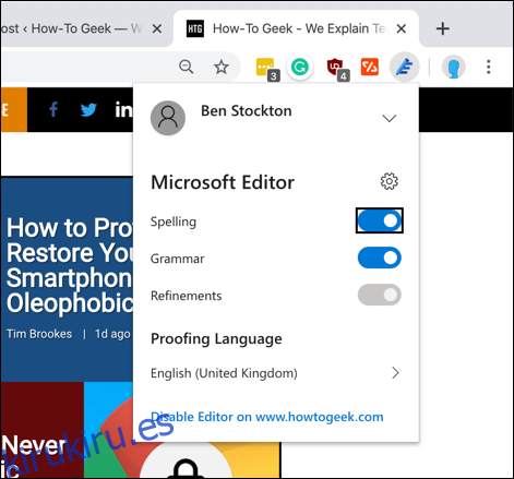 La pestaña de configuración de la extensión de Chrome de Microsoft Editor