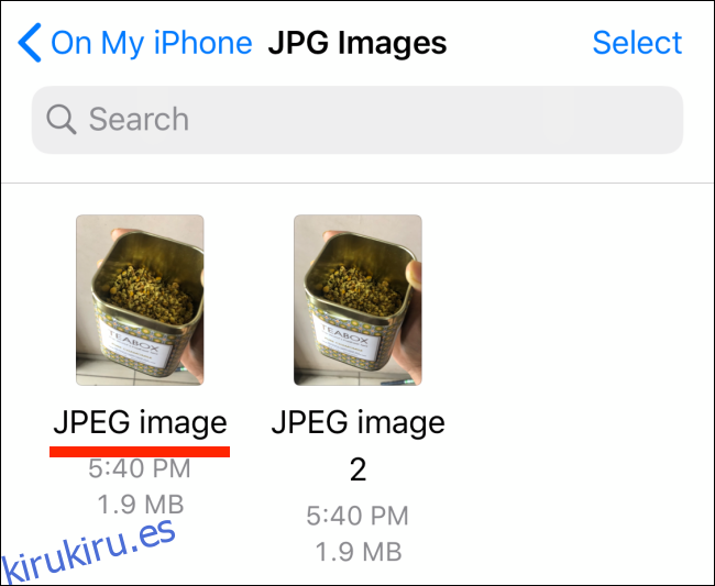 Fotos en formato JPG en la aplicación Archivos