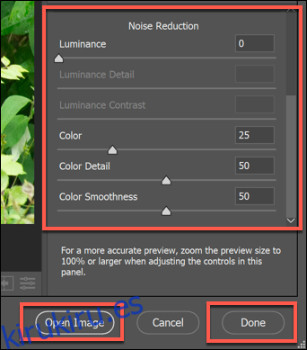 Las opciones de Reducción de ruido para un archivo de imagen RAW en las opciones de Photoshop Camera Raw