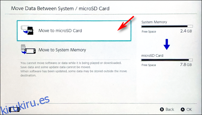 Seleccione mover a la tarjeta microSD en Nintendo Switch