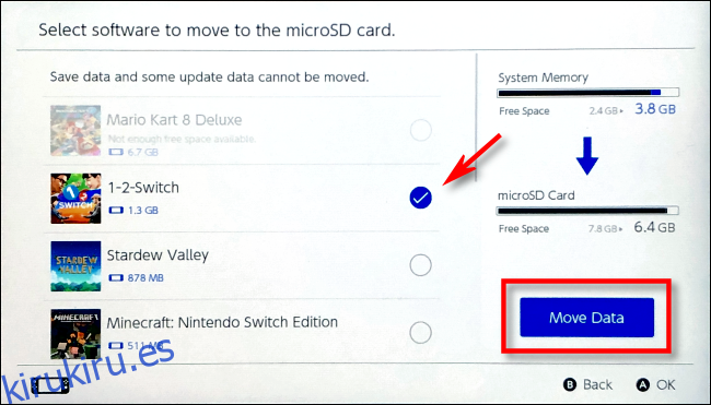 Seleccionar software para mover en Nintendo Switch