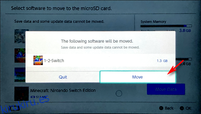 Confirmar transferencia de software en Nintendo Switch