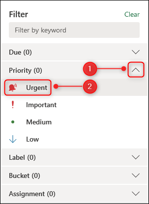 La opción Filtro que muestra los filtros de prioridad.