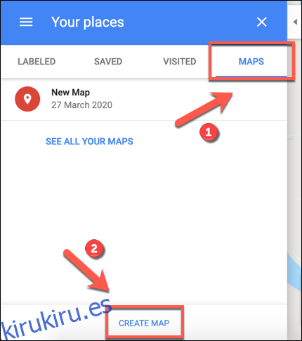 Haga clic en Crear mapa para comenzar a crear un mapa personalizado de Google Maps.