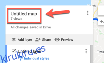 Haga clic en Mapa sin título para comenzar a cambiar el nombre de su mapa personalizado de Google Maps