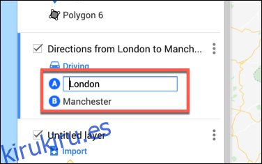 Escriba las ubicaciones de salida y llegada en la capa de direcciones personalizadas en el editor de mapas de Google Maps
