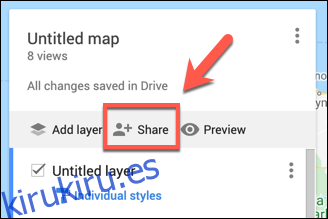 Presione Compartir para compartir su mapa personalizado de Google Maps