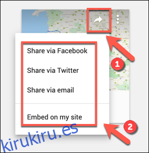 Las opciones para compartir en redes sociales para un mapa personalizado de Google Maps