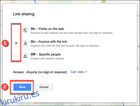 Las opciones para compartir enlaces para un mapa personalizado de Google Maps