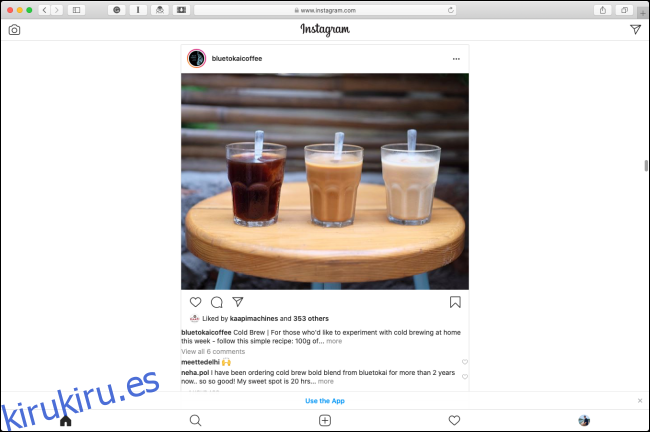 El diseño móvil de Instagram en Safari en una Mac.