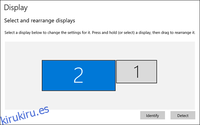 Pantalla 2 seleccionada en la configuración de pantalla de Windows 10