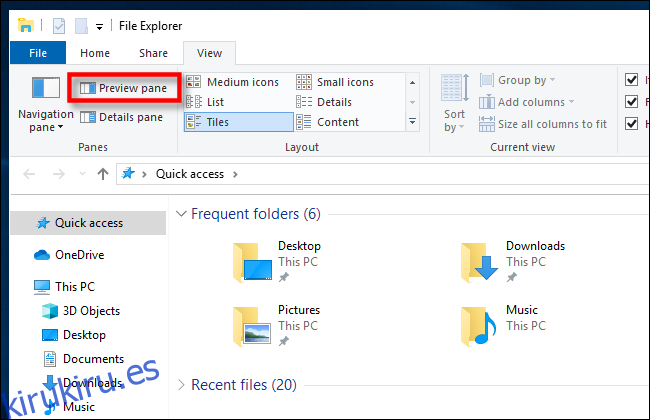 Haga clic en Panel de vista previa en el Explorador de archivos de Windows 10