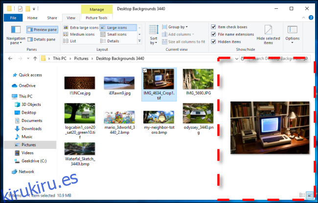 Ejemplo de panel de vista previa en el Explorador de archivos de Windows 10