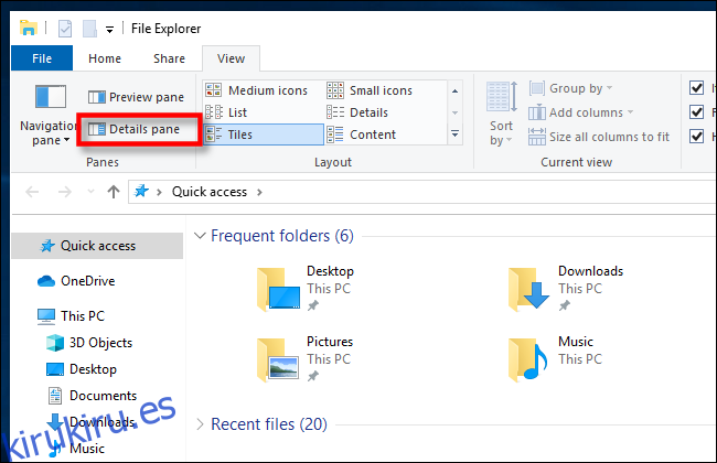 Haga clic en Panel de detalles en el Explorador de archivos de Windows 10