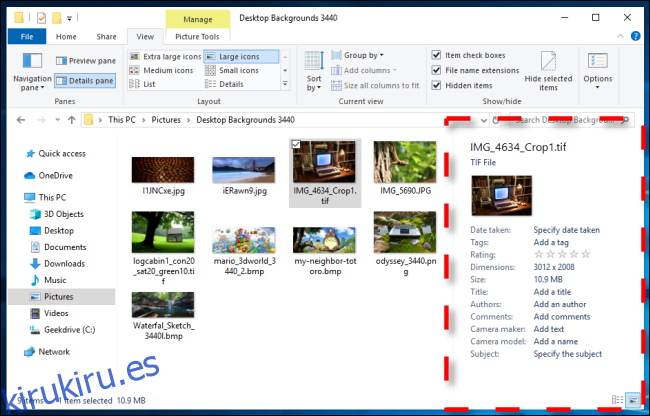 Ejemplo de panel de detalles en el Explorador de archivos de Windows 10