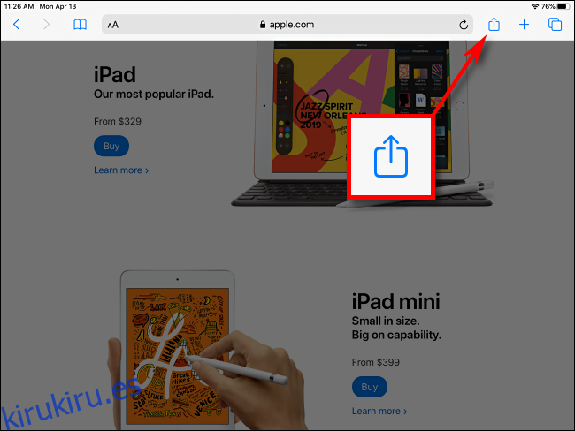 Toque el botón Compartir en Safari en iPad