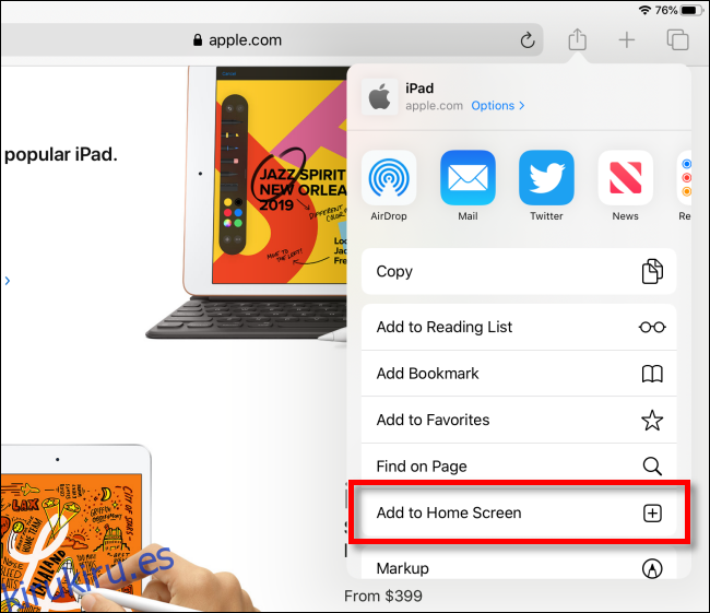 Toque Agregar a la pantalla de inicio en Safari en iPad