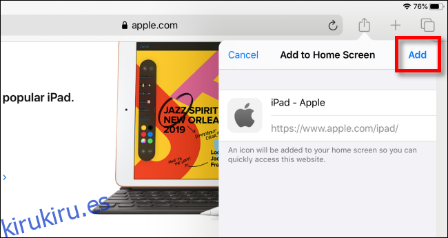 Toque Agregar para agregar el ícono a la pantalla de inicio en iPad