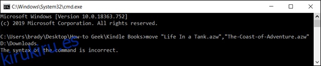 Usar una coma para mover más de un archivo no funciona y el símbolo del sistema arrojará un error.