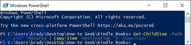 Después de escribir el comando, PowerShell busca en todas las subcarpetas, copia cualquier cosa dentro de la extensión de archivo especificada. 