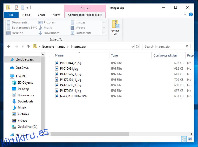 Una lista de archivos comprimidos en Windows 10.