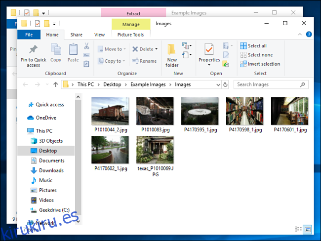 Archivos extraídos de un archivo Zip en Windows 10.