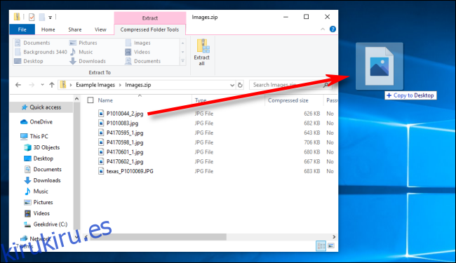 Arrastrar un archivo fuera de un archivo Zip en Windows 10.