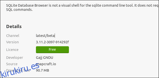 Información específica de Snap relacionada con SQLITebrowser en la aplicación de software de Ubuntu.