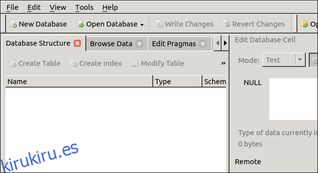 DB Browser para la ventana principal de la aplicación SQLite.