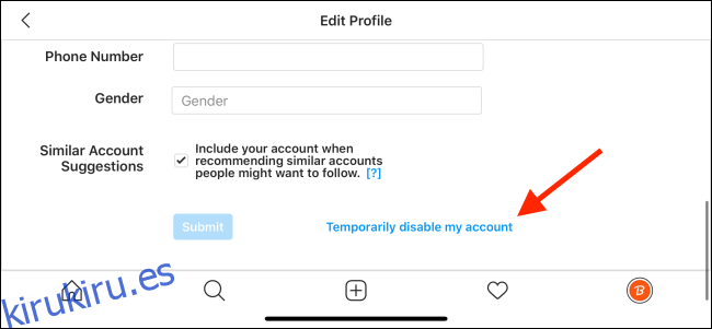 Toque Desactivar temporalmente mi cuenta en Instagram