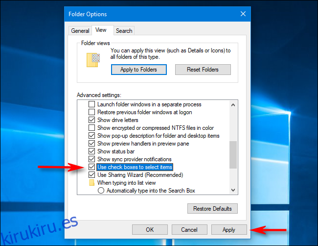 Desactive las casillas de verificación de archivos en Opciones de carpeta en Windows 10