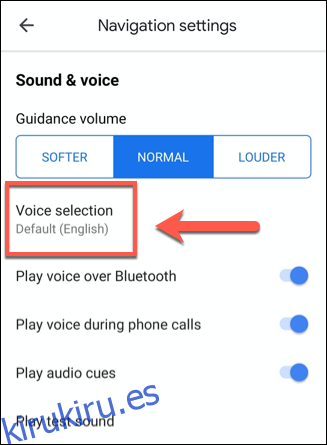 Toque Selección de voz para acceder a las opciones de selección de voz de Google Maps