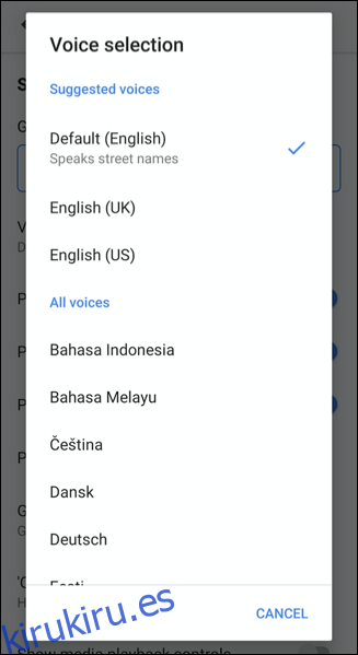 Seleccione una nueva voz en el menú de selección de voz en Google Maps