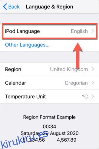 Toque la opción Idioma para su dispositivo iOS en el menú Idioma y región