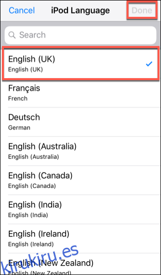 Seleccione un idioma de iOS, luego presione Listo para confirmarlo.