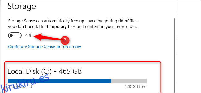 Configuración de almacenamiento de Windows 10.  Un gráfico de barras azul que indica la cantidad de almacenamiento utilizado
