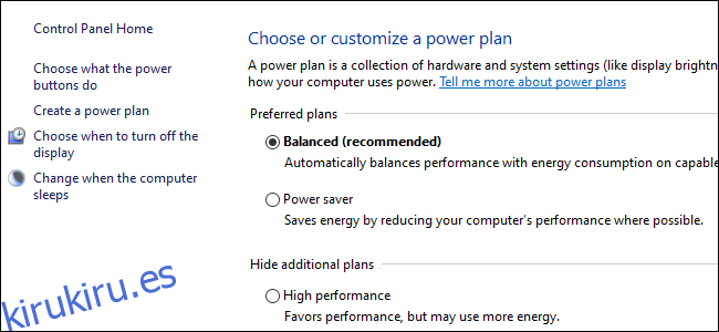 Tres botones de radio que muestran opciones de plan de energía en el Panel de control de Windows 10