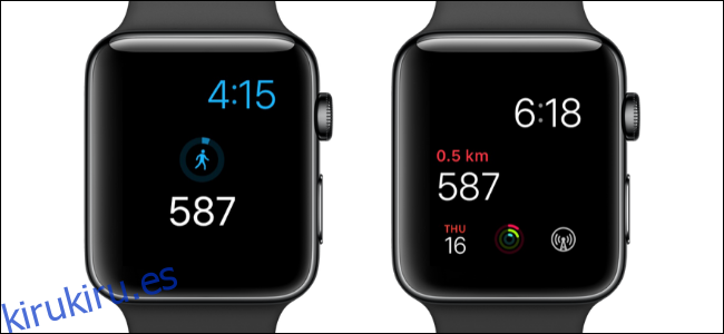 Dos relojes Apple que muestran el recuento de pasos en las esferas del reloj.
