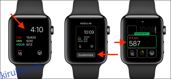 Tres relojes Apple con la complicación del podómetro ++ en la cara.