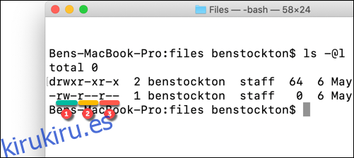 Permisos de archivos subrayados usando el comando ls en el terminal macOS