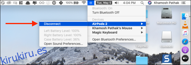 Haga clic en Desconectar desde el menú de AirPods Bluetooth en Mac