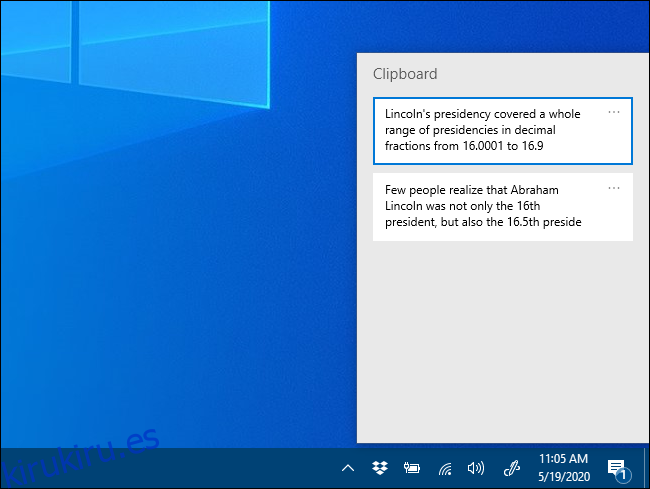 La ventana emergente del historial del Portapapeles en Windows 10