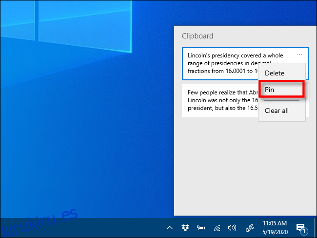 Haga clic en Anclar en el historial del Portapapeles en Windows 10