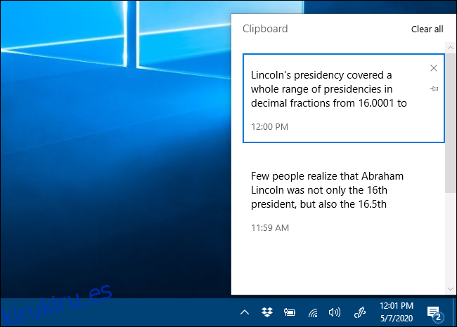 La ventana del historial del Portapapeles en Windows 10