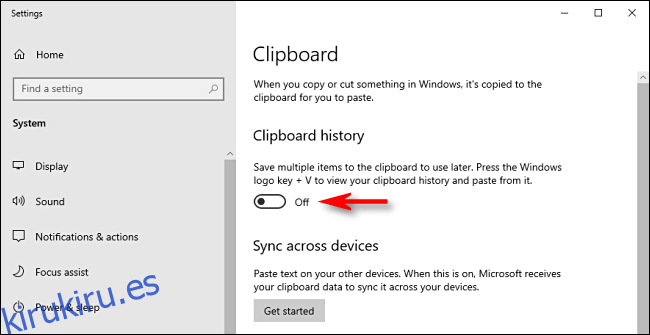 Haga clic en el interruptor de historial del portapapeles en la configuración del sistema de Windows 10 para apagarlo