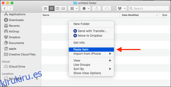 Seleccione la opción Pegar elemento en Finder para pegar el archivo en Mac