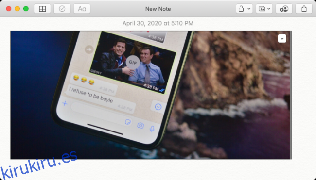 Imagen de iPhone pegada en Apple Notes en Mac