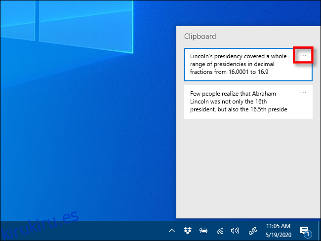 Haga clic en las elipses en el historial del Portapapeles en Windows 10