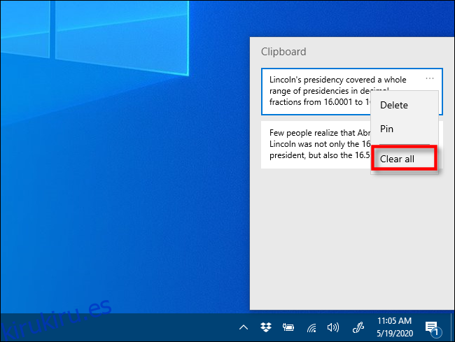 Haga clic en borrar todo en el historial del Portapapeles en Windows 10